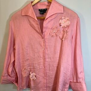 Tracy M Womens 100% Linen Blouse Shirt Top 3/4 Sleeve Button Up Sequins Applique